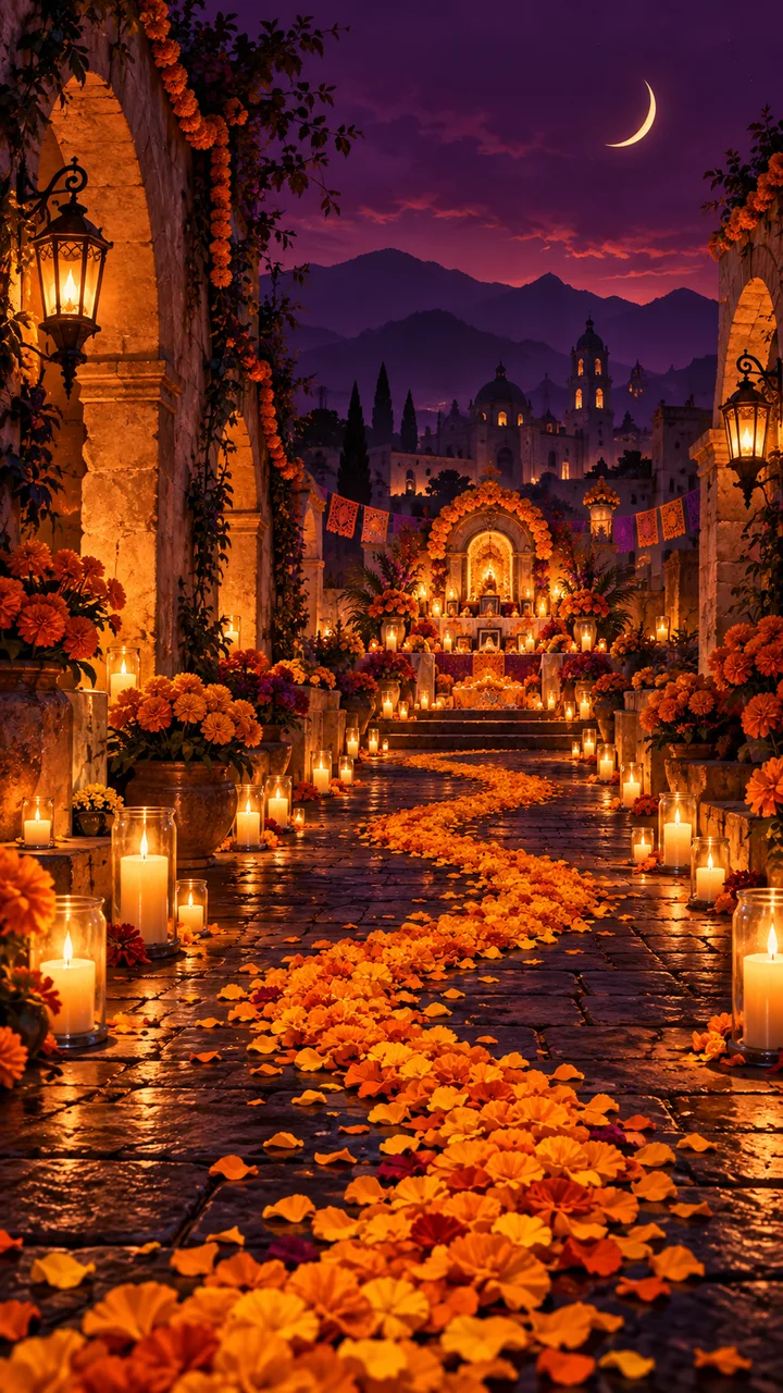 The candle-lit ofrenda scene that the Catrina Makeup mode uses as its backdrop